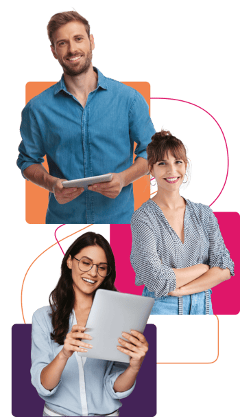 Um homes e duas mulheres sorrindo, ao fundo as cores laranja, rosa e roxo.